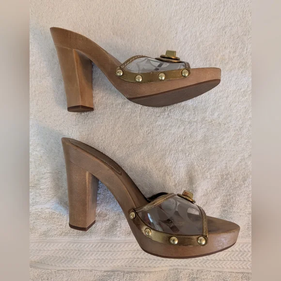 Coach Cagney Clear Bronze Gold Wooden Sz.7.5 Platform Slip-On Heels - Picture 6 of 13
